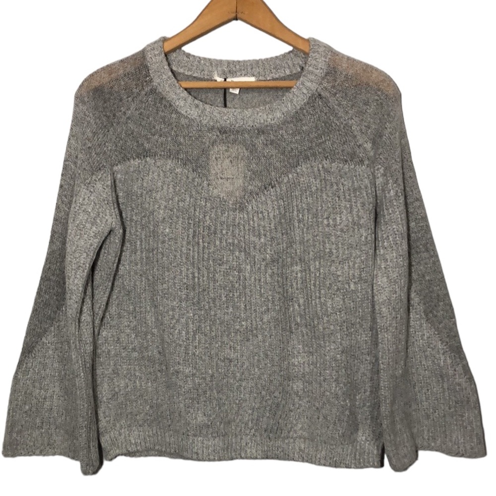 THML | Women’s Grey Ribbed Mixed Knit Bell Sleeve Chunky Sweater size Medium NEW